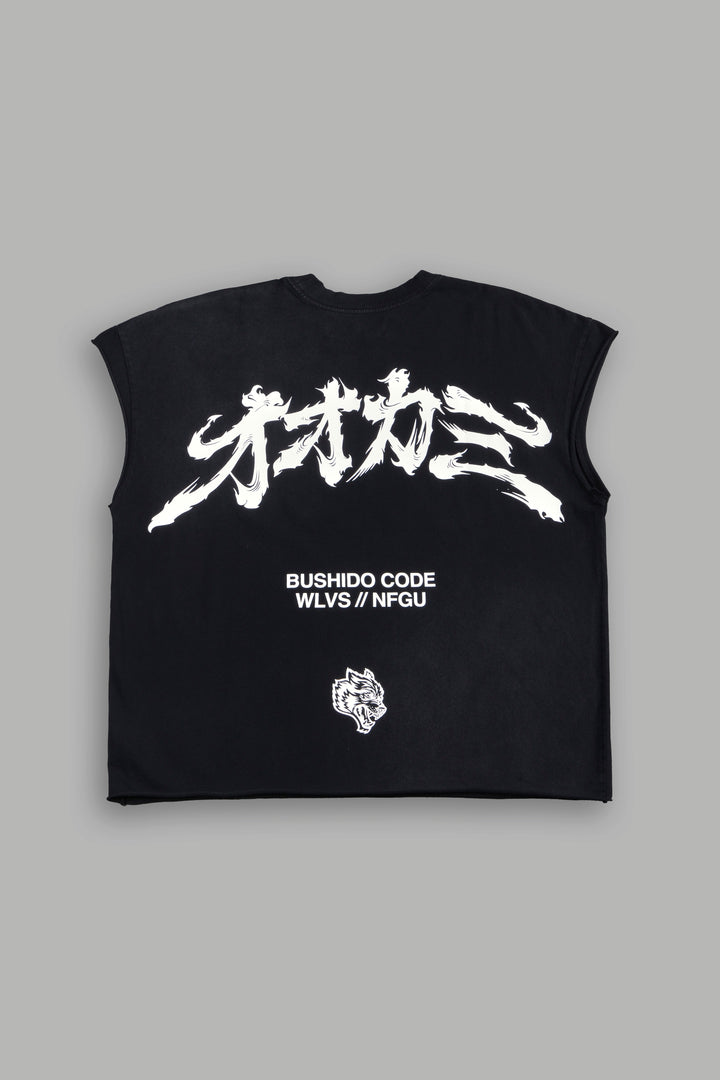 Okami Bushido Grunge Cut-Off Mid Length Raw Hem Tee in Black Sun Fade