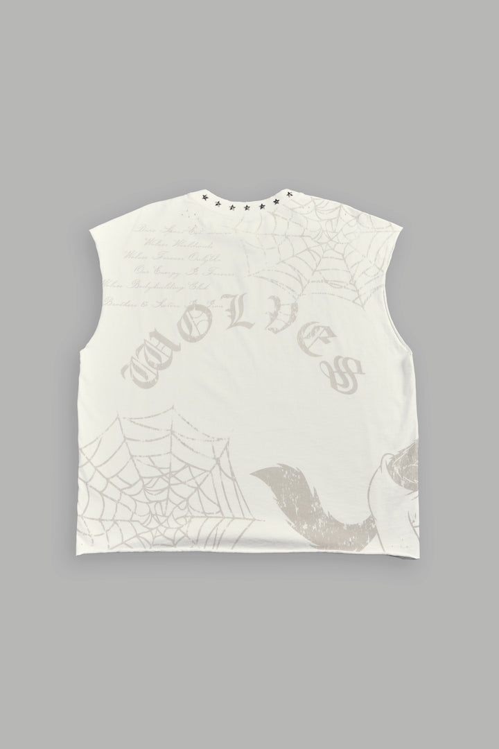 Big & Bad Distressed Grunge Mid Length Raw Hem Muscle Tee in Cream