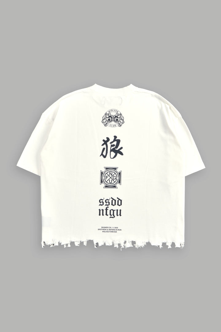 Wolves Flame Destroyed Grunge "Box Cut" Tee in Cream