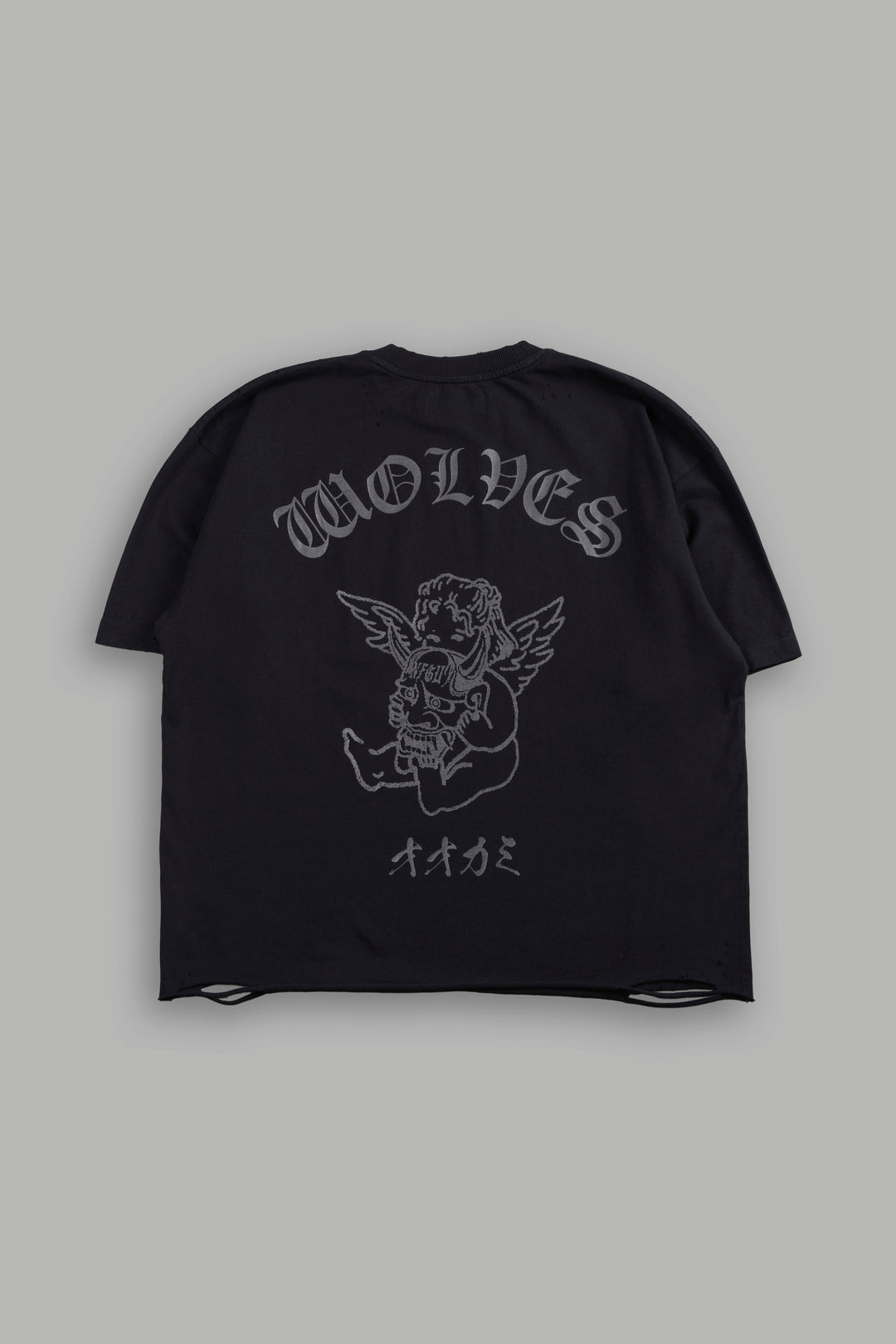Wolves Oni Cherub Distressed Grunge Unisex Tee in Black