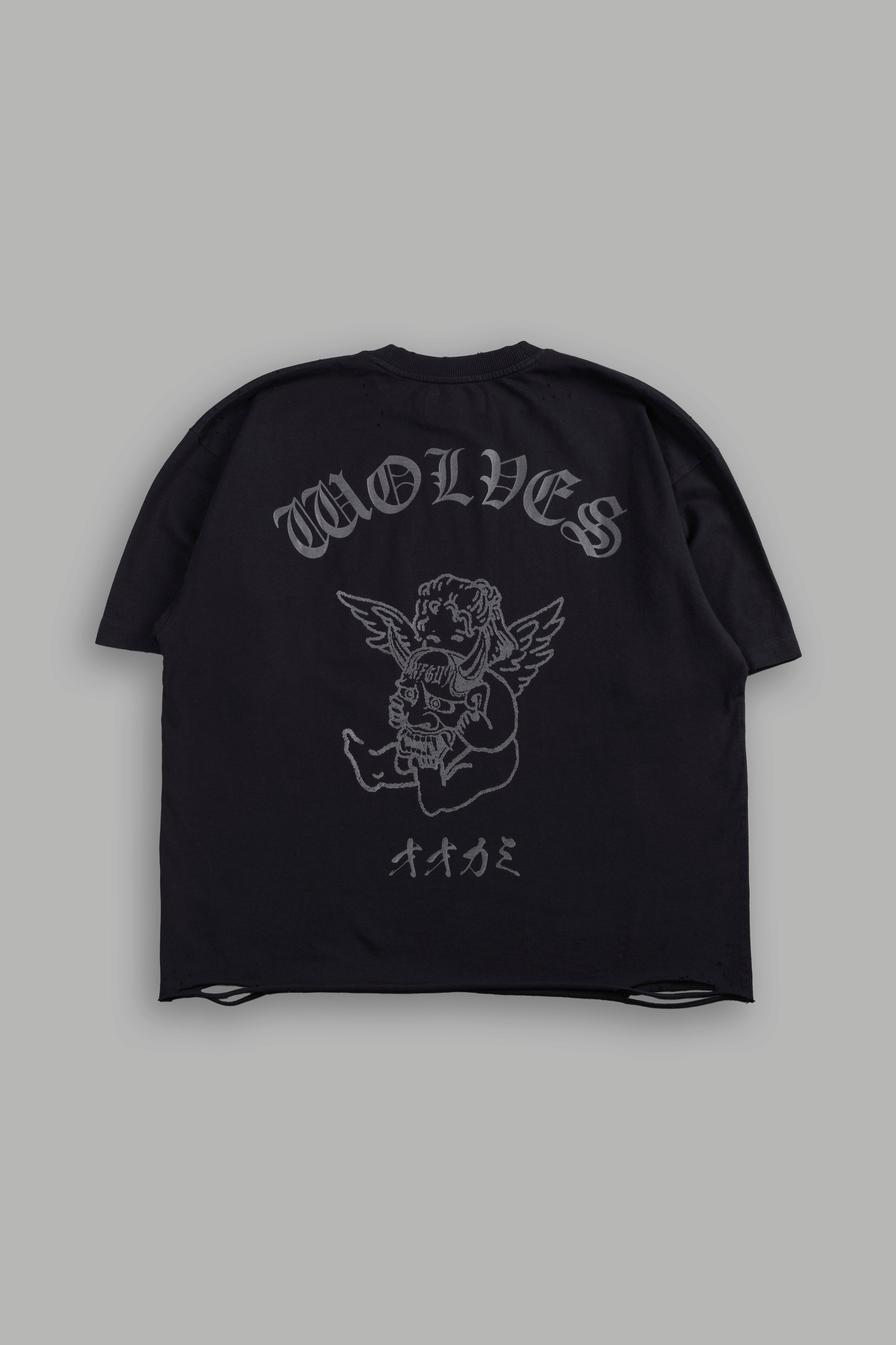 Wolves Oni Cherub Distressed Grunge Unisex Tee in Black