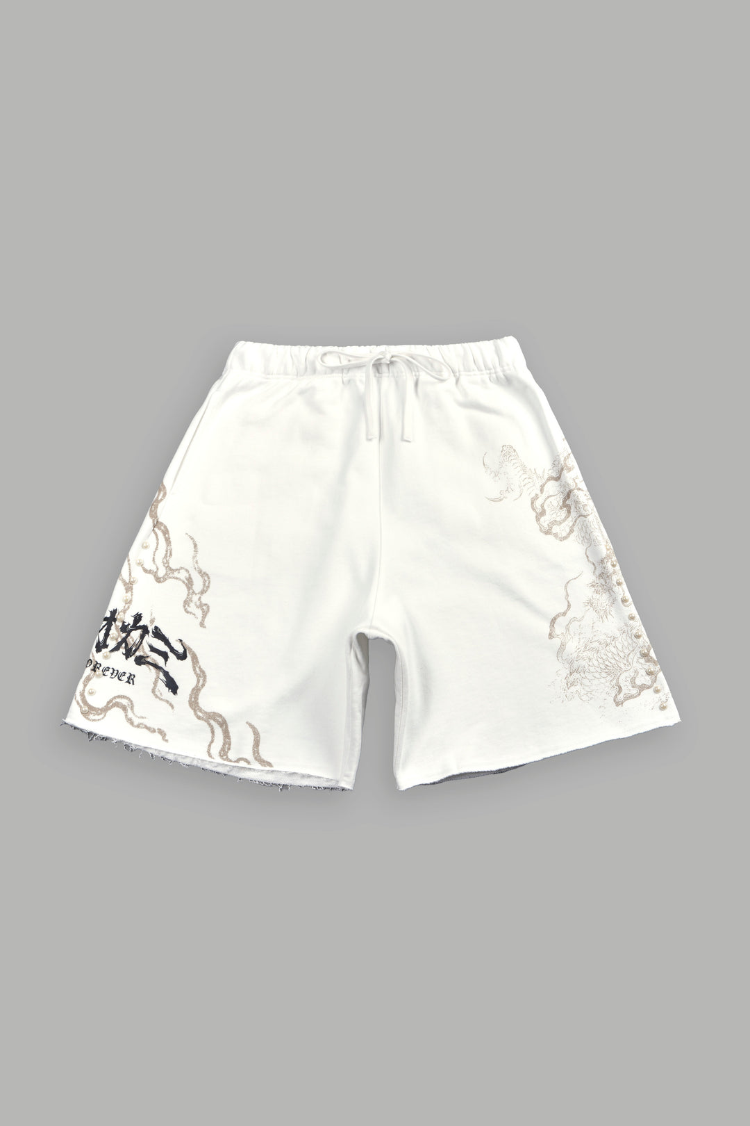 Kokuryu Grunge Oversized Raw Hem Post Lounge Sweat Shorts in Cream