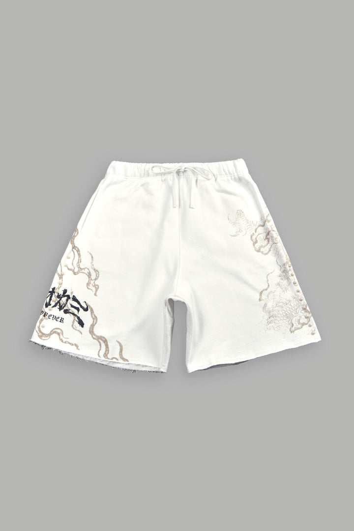 Kokuryu Grunge Oversized Raw Hem Post Lounge Sweat Shorts in Cream