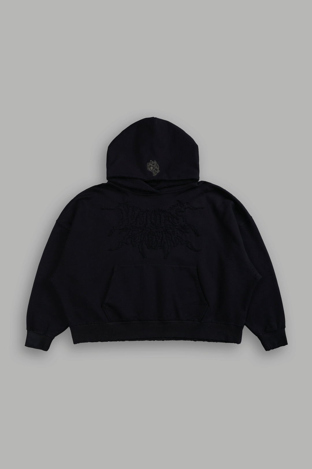 Forged From Iron Applique Destroyed Grunge Gage Box Cut Hoodie in Black