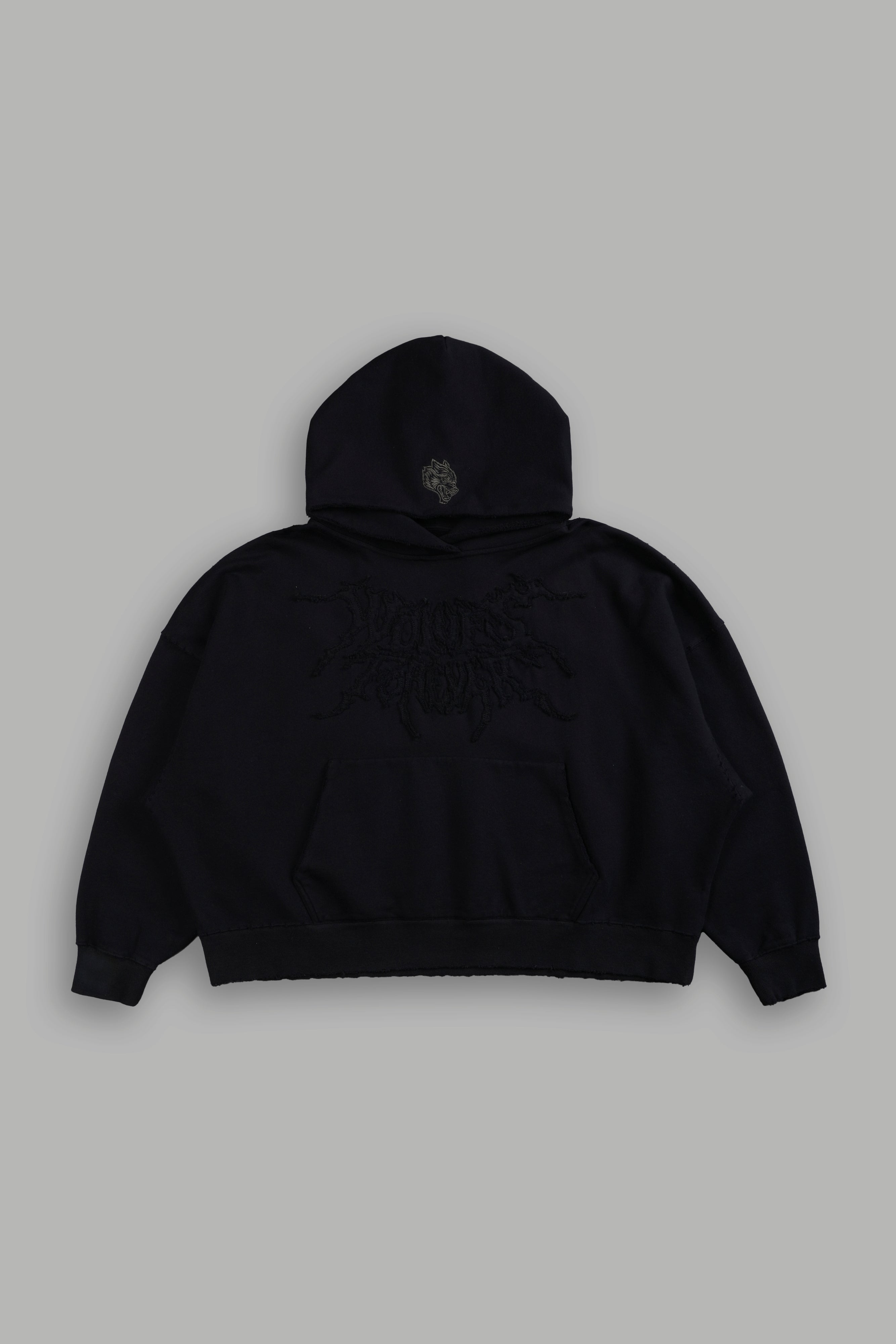 Forged From Iron Applique Destroyed Grunge Gage Box Cut Hoodie in Black