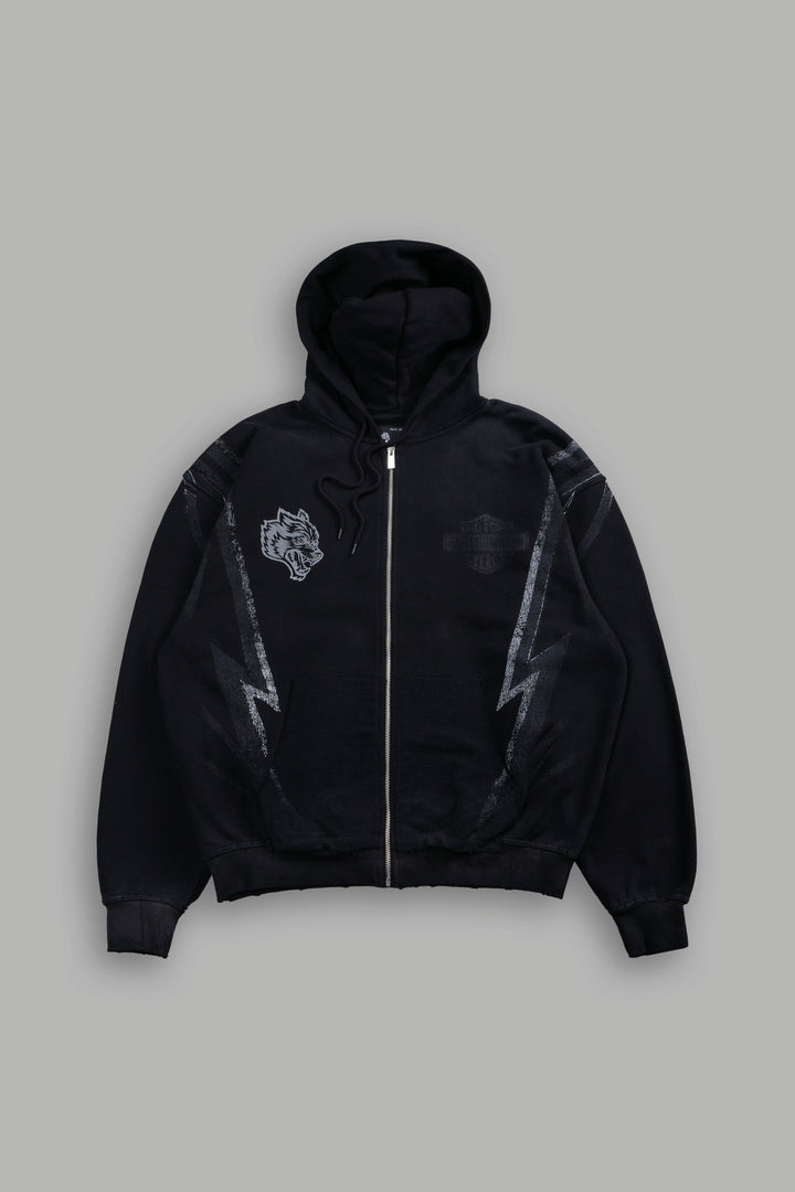Iron Sakura Grunge Moatis Zip Hoodie in Black Drift Wash