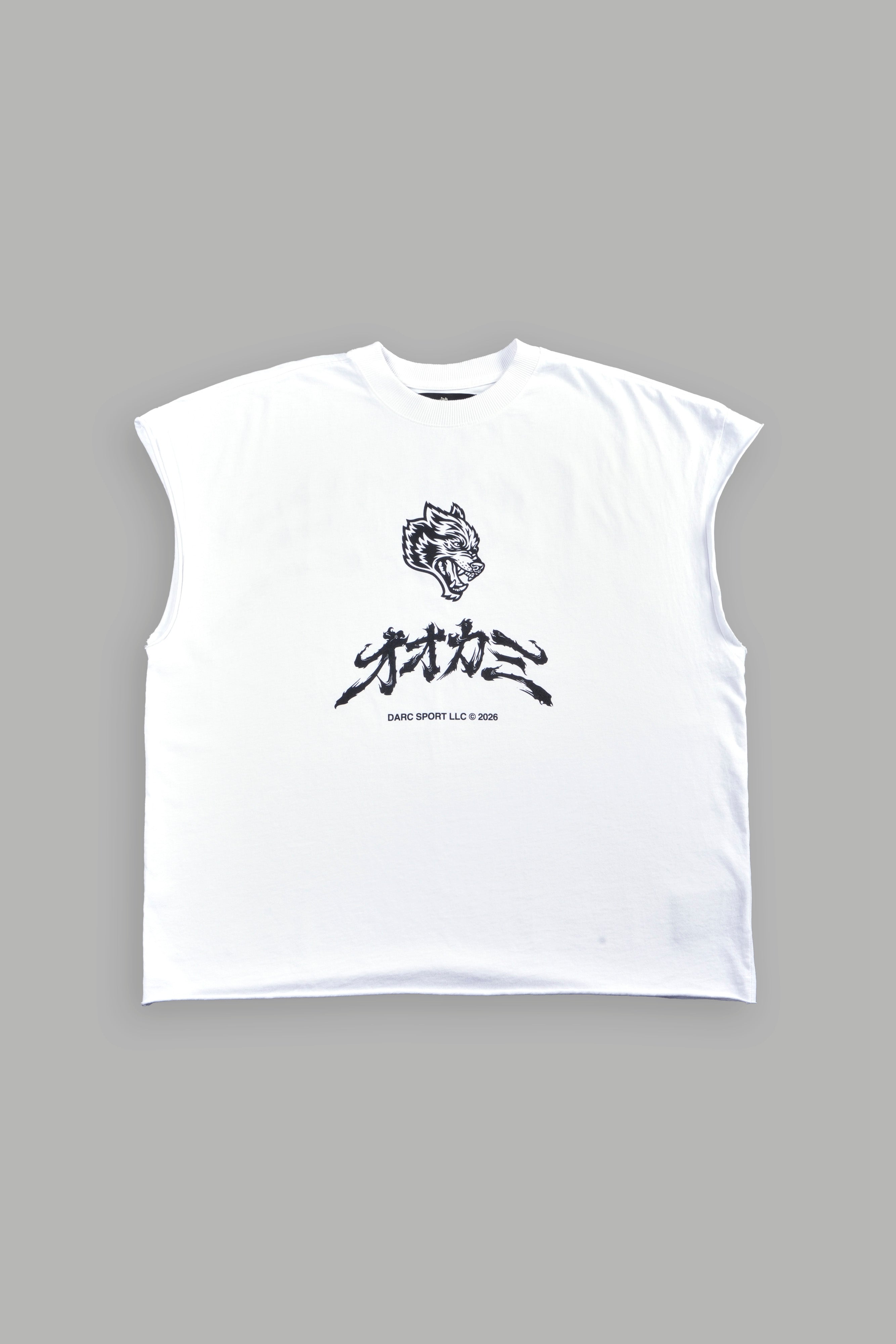 Okami Bushido Grunge Cut-Off Mid Length Raw Hem Tee in White
