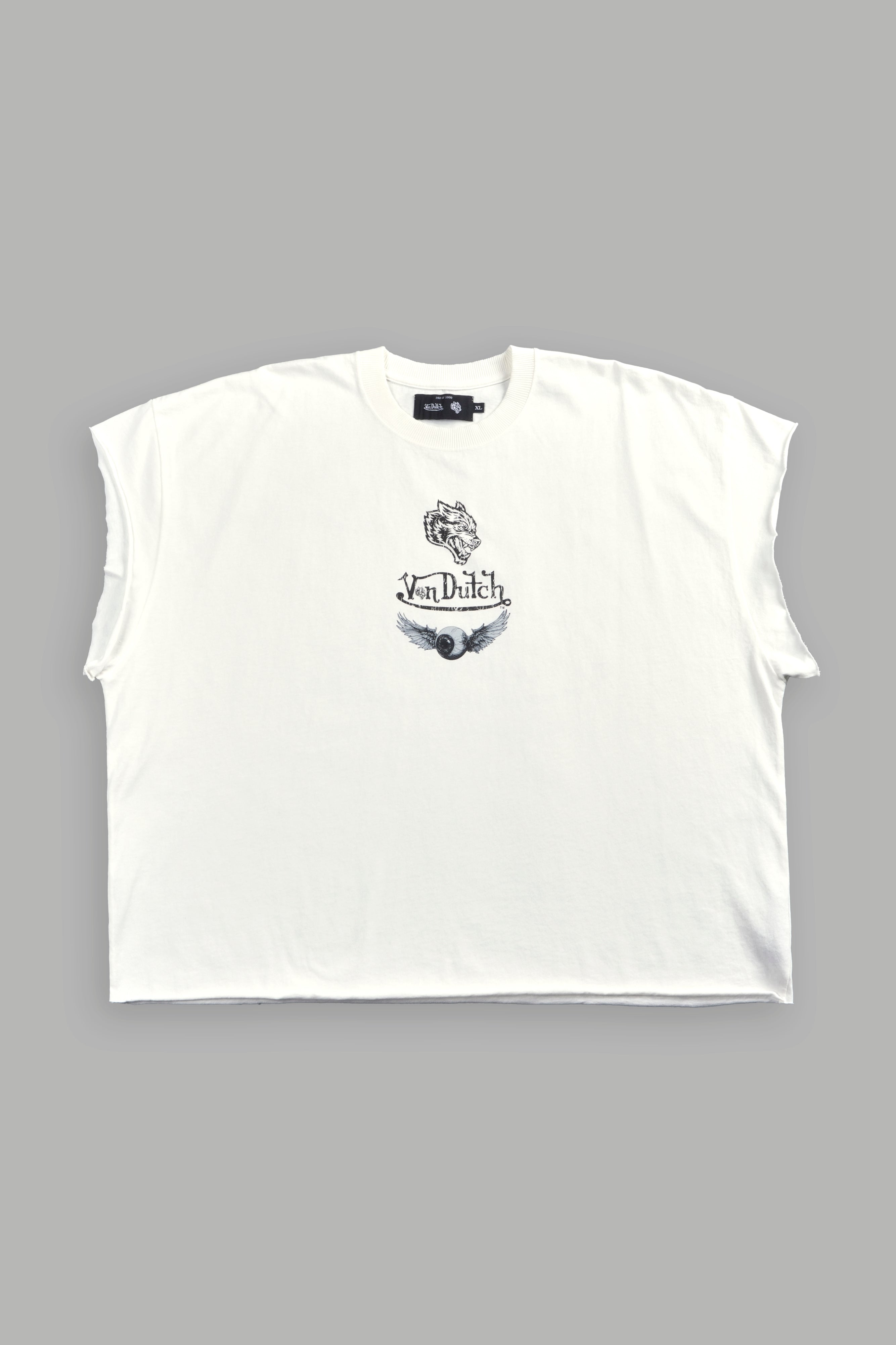 Take-Off Grunge Cut-Off Mid-Length Raw Hem Tee in Cream