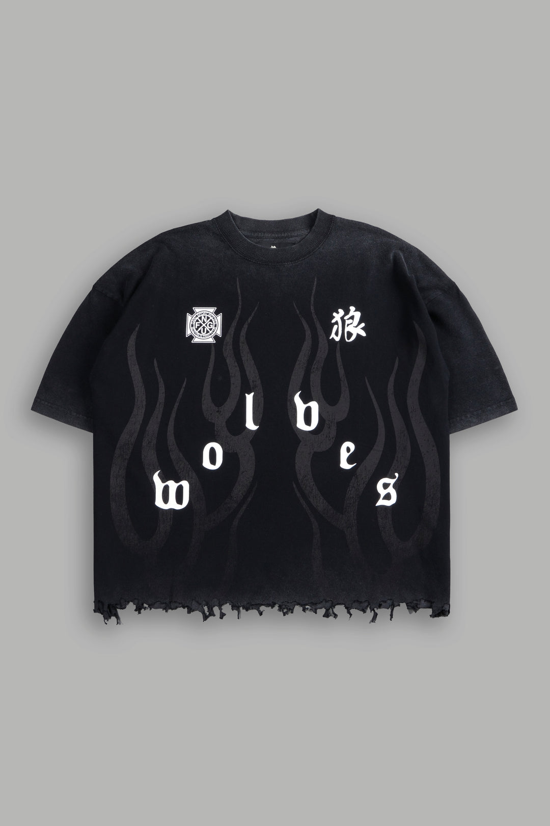 Wolves Flame Destroyed Grunge "Box Cut" Tee in Black