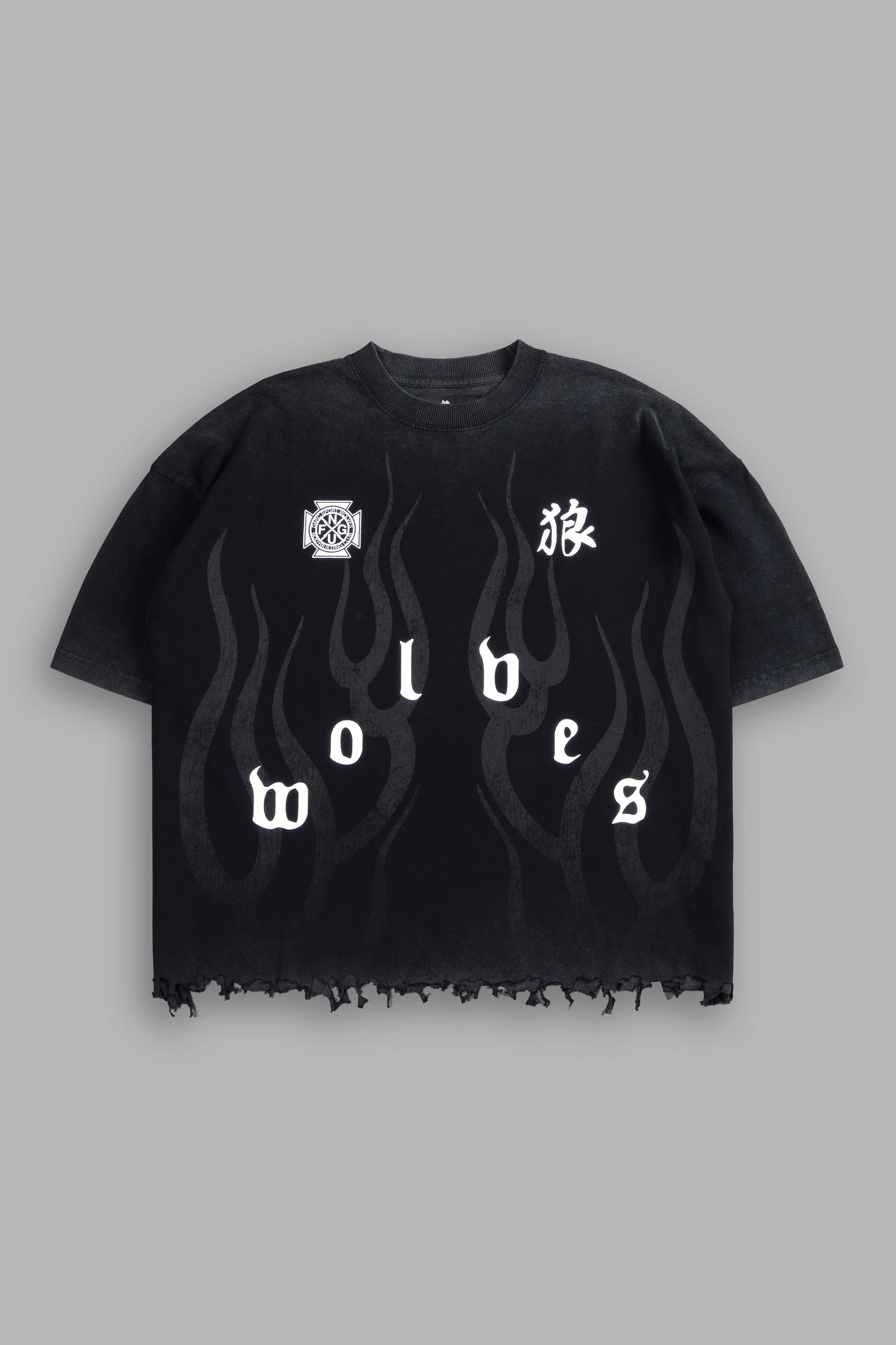 Wolves Flame Destroyed Grunge "Box Cut" Tee in Black