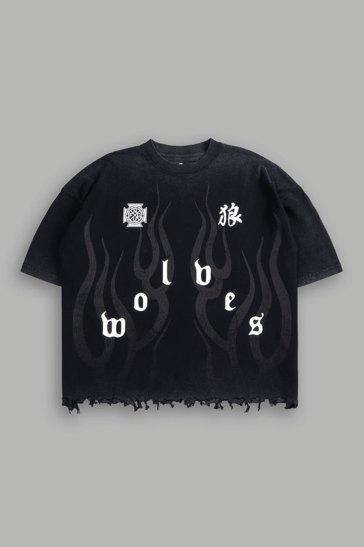 Wolves Flame Destroyed Grunge "Box Cut" Tee in Black