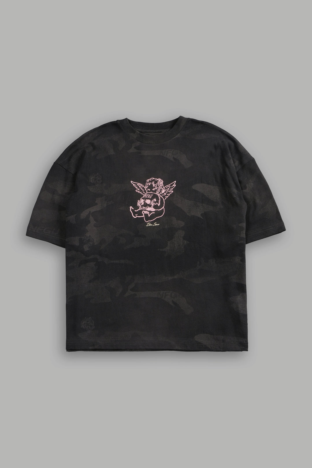 Cherub and the Skull Unisex Premium "Box Cut" Tee in Black Vintage Woodland Camo