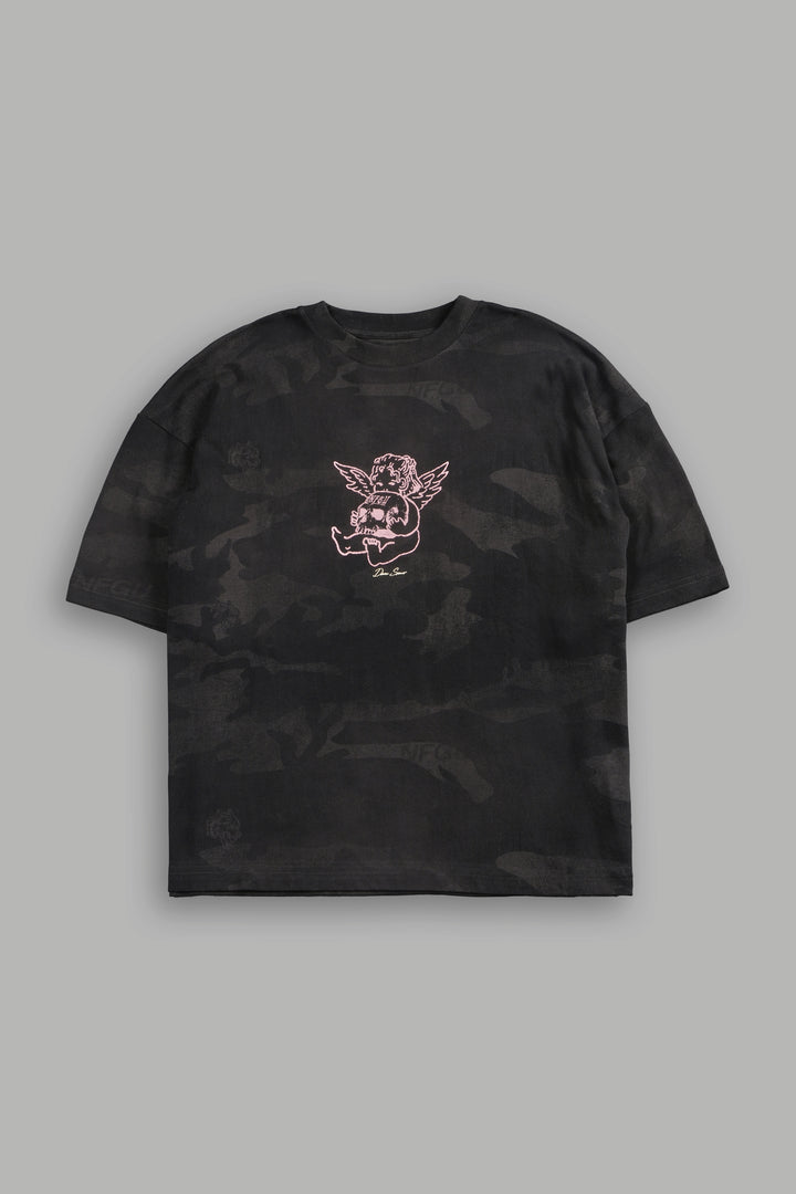 Cherub and the Skull Unisex Premium "Box Cut" Tee in Black Vintage Woodland Camo
