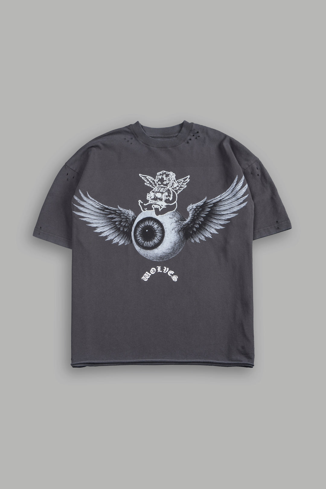 Flight Club Distressed Grunge Mid-Length Raw Hem Tee in Wolf Gray