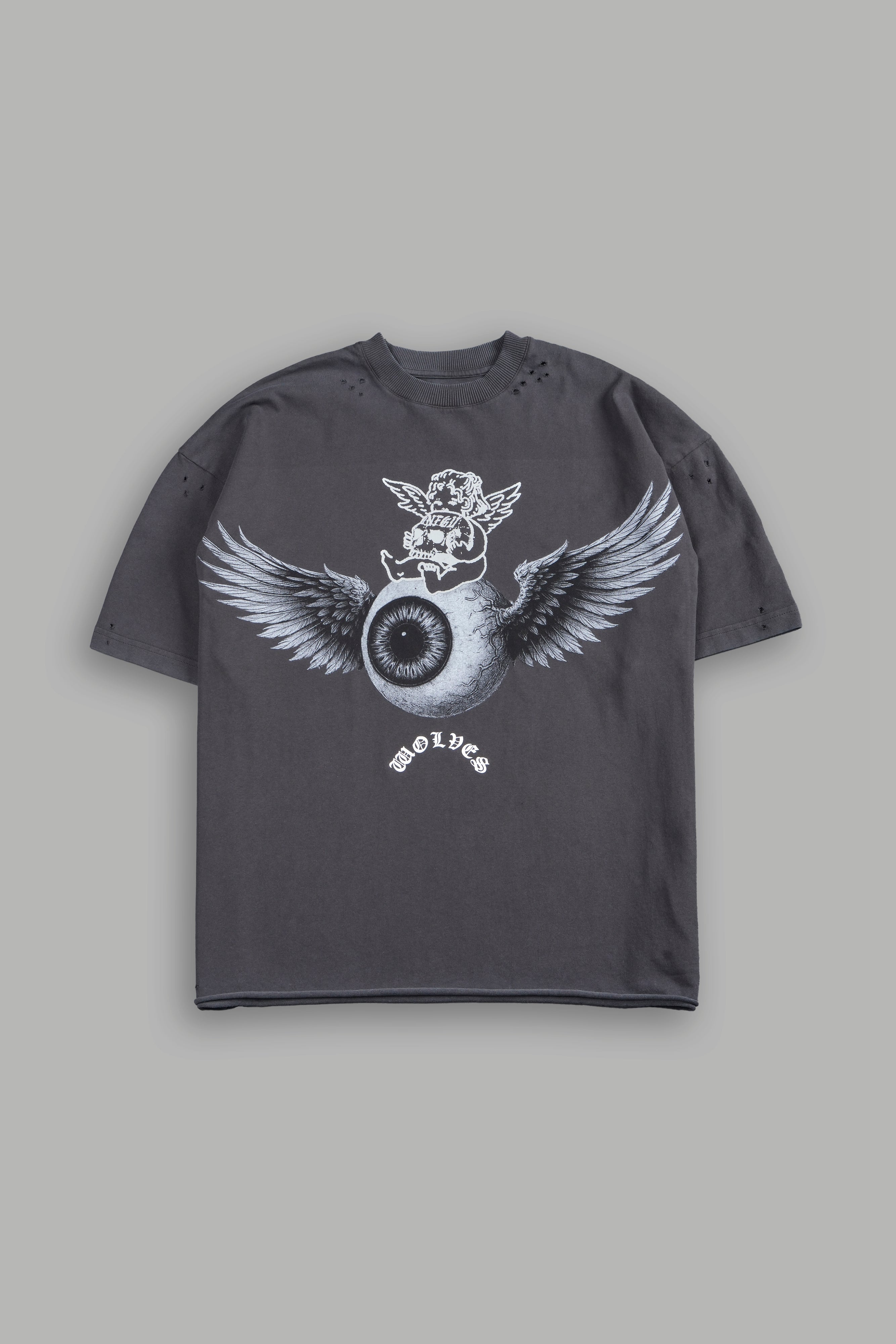 Flight Club Distressed Grunge Mid-Length Raw Hem Tee in Wolf Gray