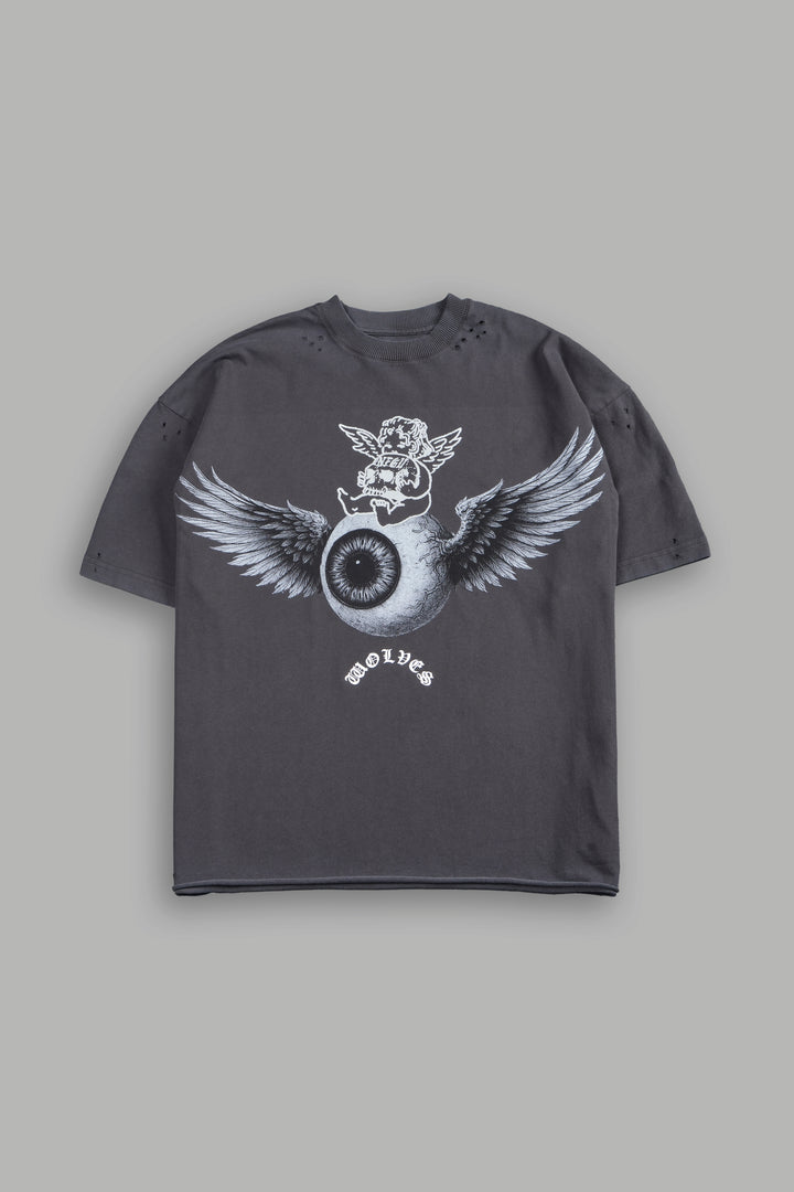 Flight Club Distressed Grunge Mid-Length Raw Hem Tee in Wolf Gray