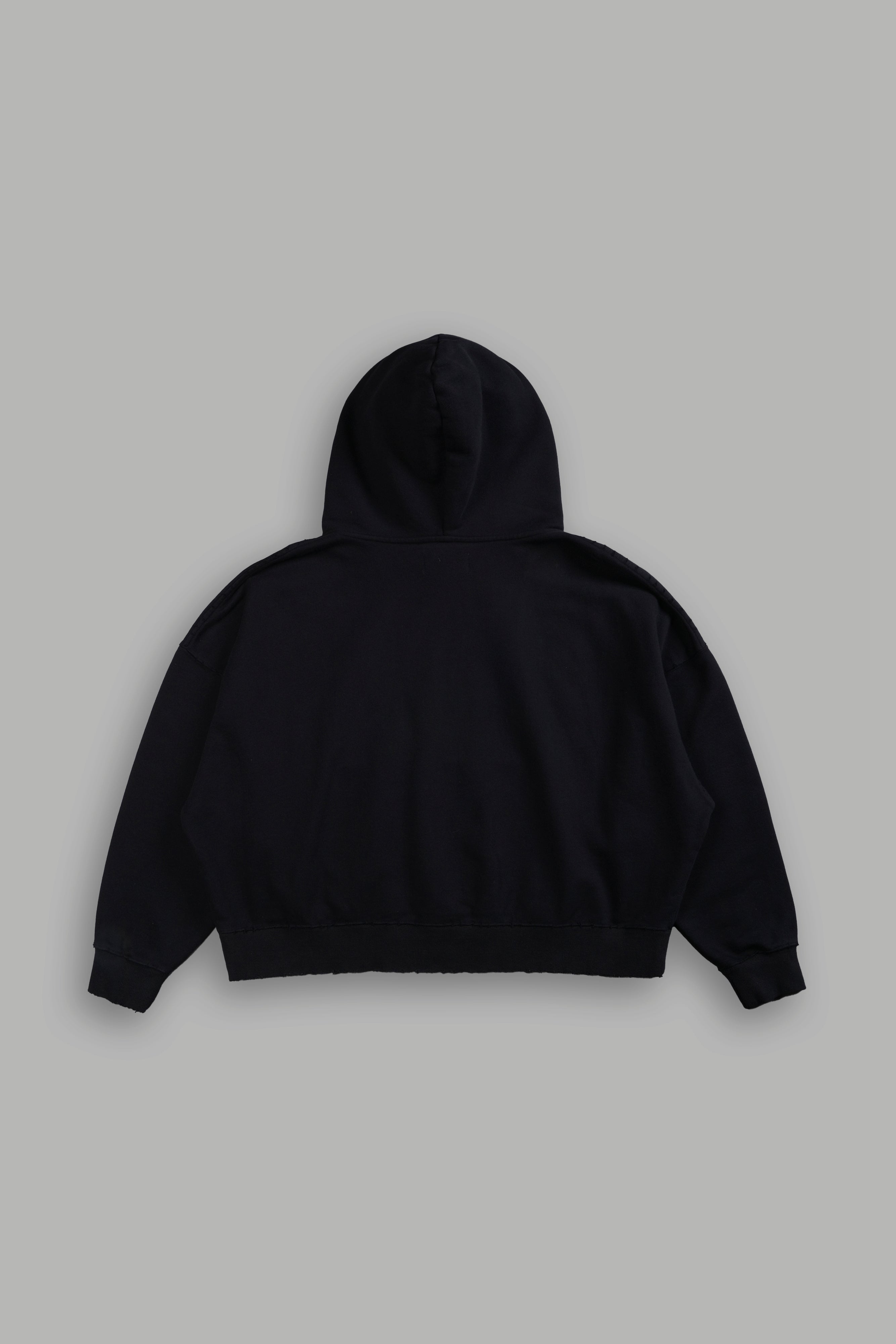 Forged From Iron Applique Destroyed Grunge Gage Box Cut Hoodie in Black