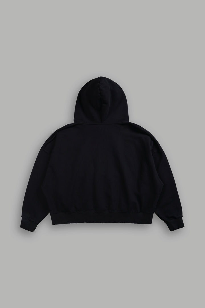 Forged From Iron Applique Destroyed Grunge Gage Box Cut Hoodie in Black