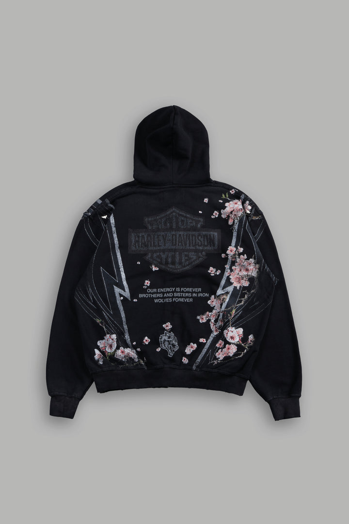 Iron Sakura Grunge Moatis Zip Hoodie in Black Drift Wash