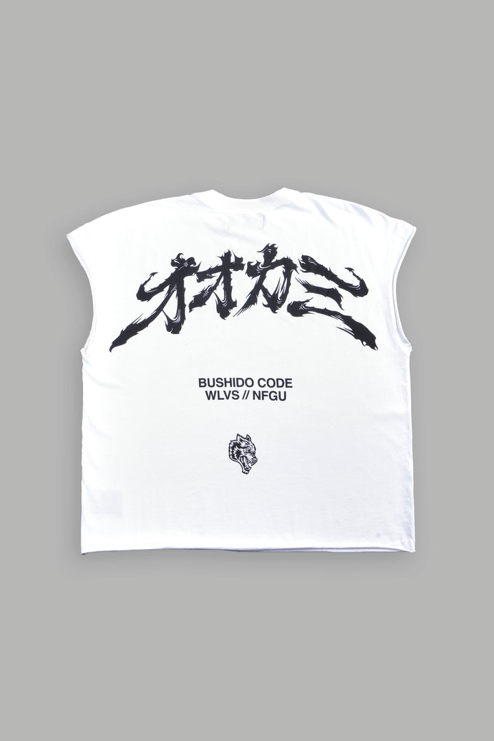 Okami Bushido Grunge Cut-Off Mid Length Raw Hem Tee in White