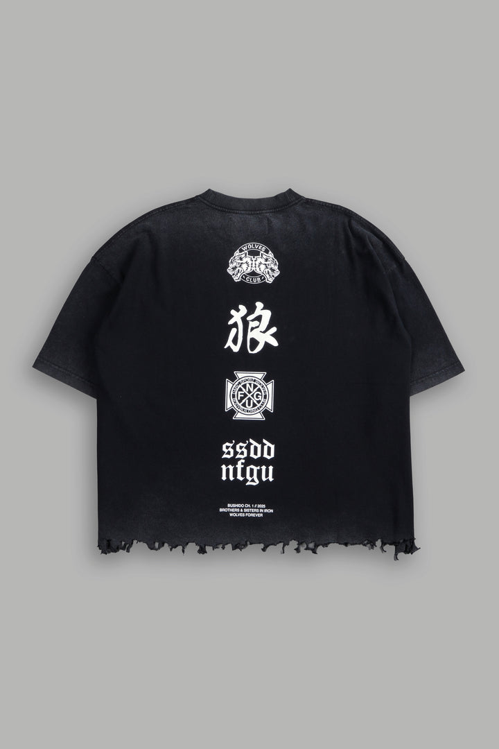 Wolves Flame Destroyed Grunge "Box Cut" Tee in Black