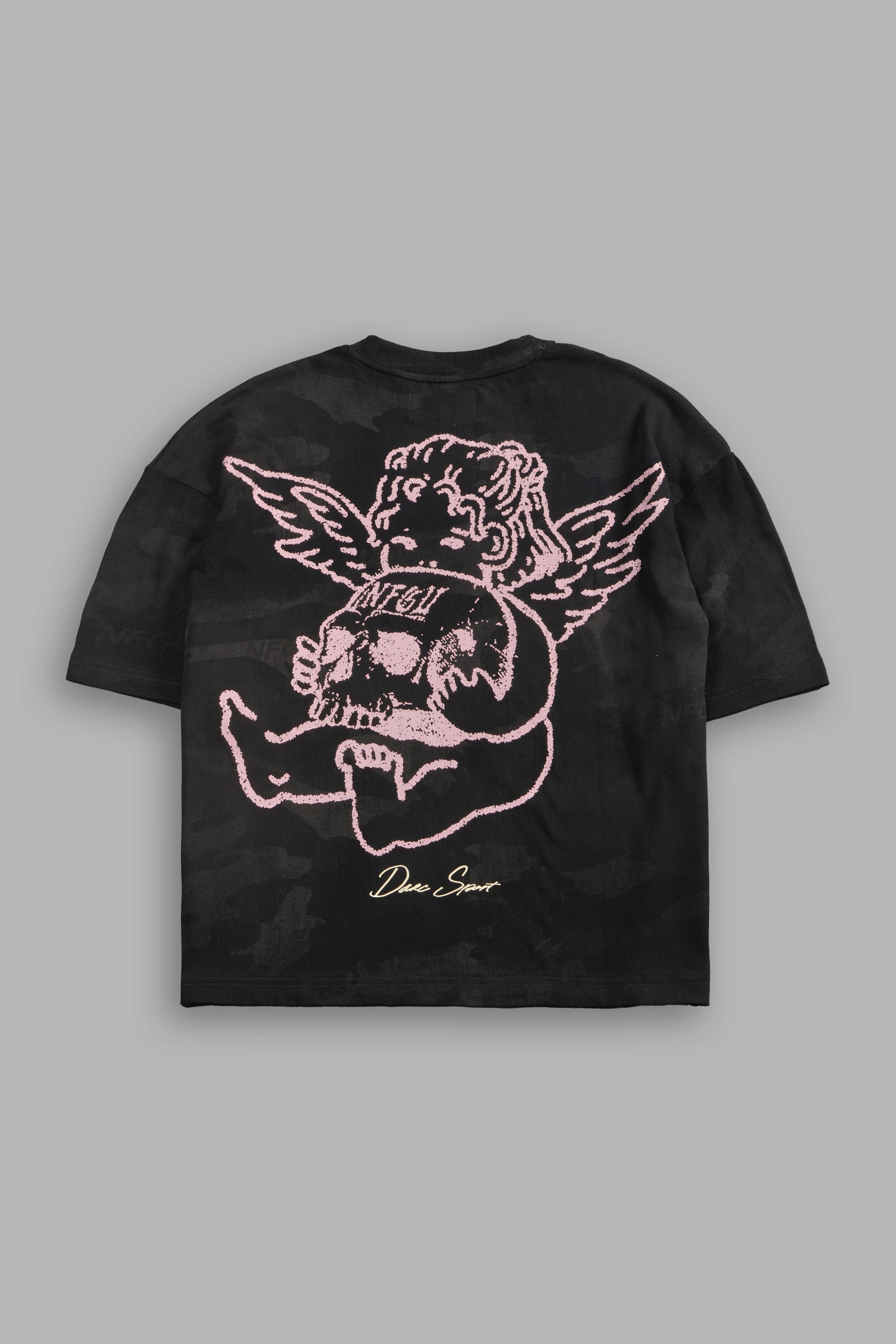 Cherub and the Skull Unisex Premium "Box Cut" Tee in Black Vintage Woodland Camo