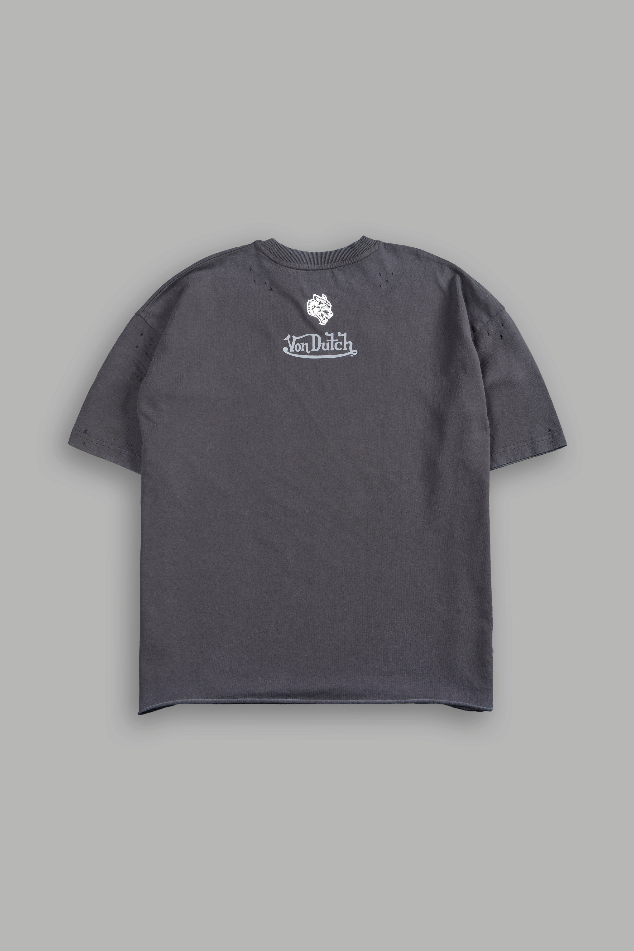 Flight Club Distressed Grunge Mid-Length Raw Hem Tee in Wolf Gray