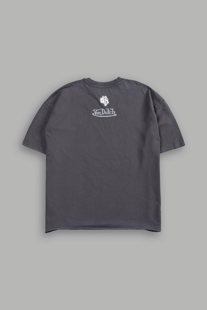 Flight Club Distressed Grunge Mid-Length Raw Hem Tee in Wolf Gray