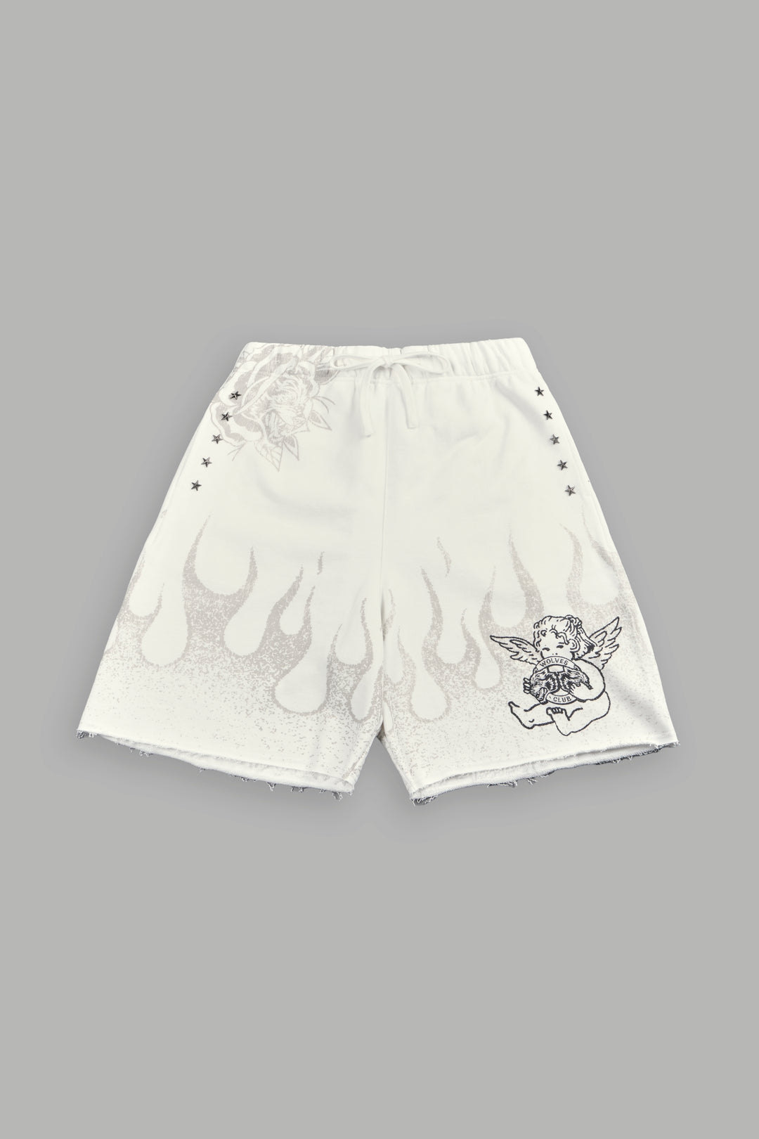 Wolves Club Cherub Inferno Grunge Oversized Raw Hem Post Lounge Sweat Shorts in Cream