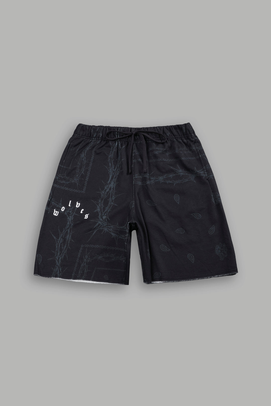 Wolves Pyramid Grunge Oversized Raw Hem Post Lounge Sweat Shorts in Black Thorn Paisley