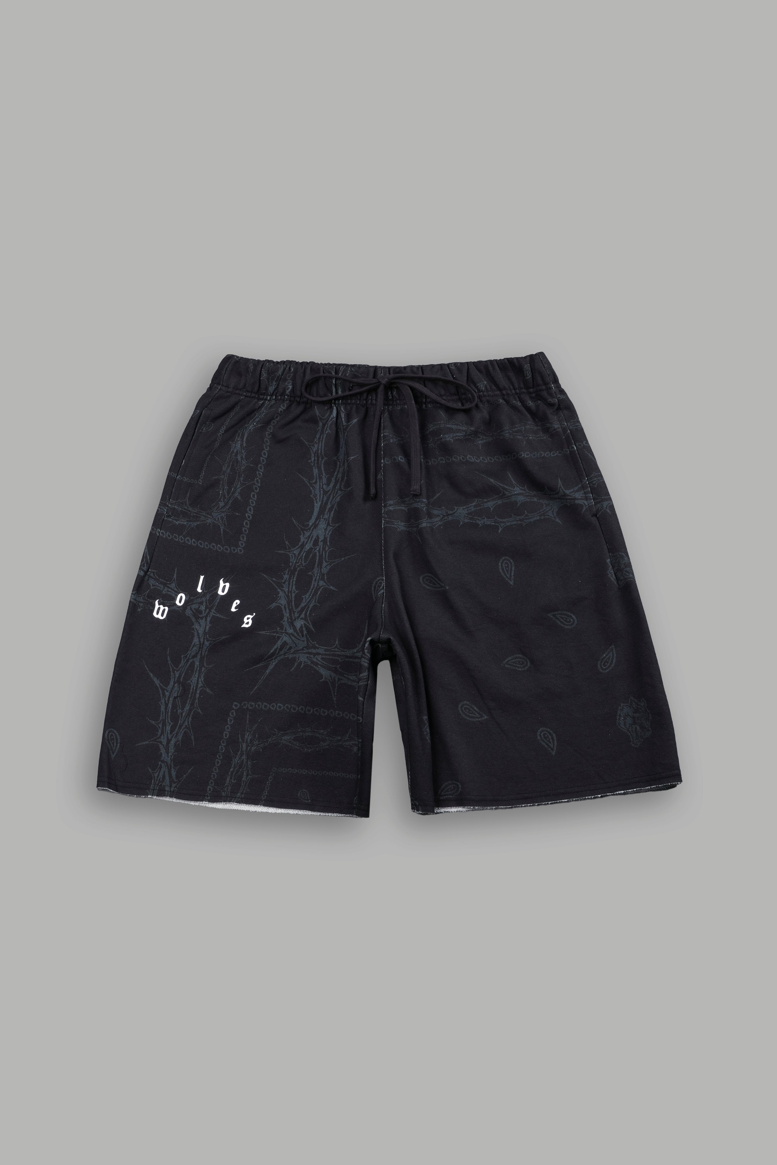 Wolves Pyramid Grunge Oversized Raw Hem Post Lounge Sweat Shorts in Black Thorn Paisley