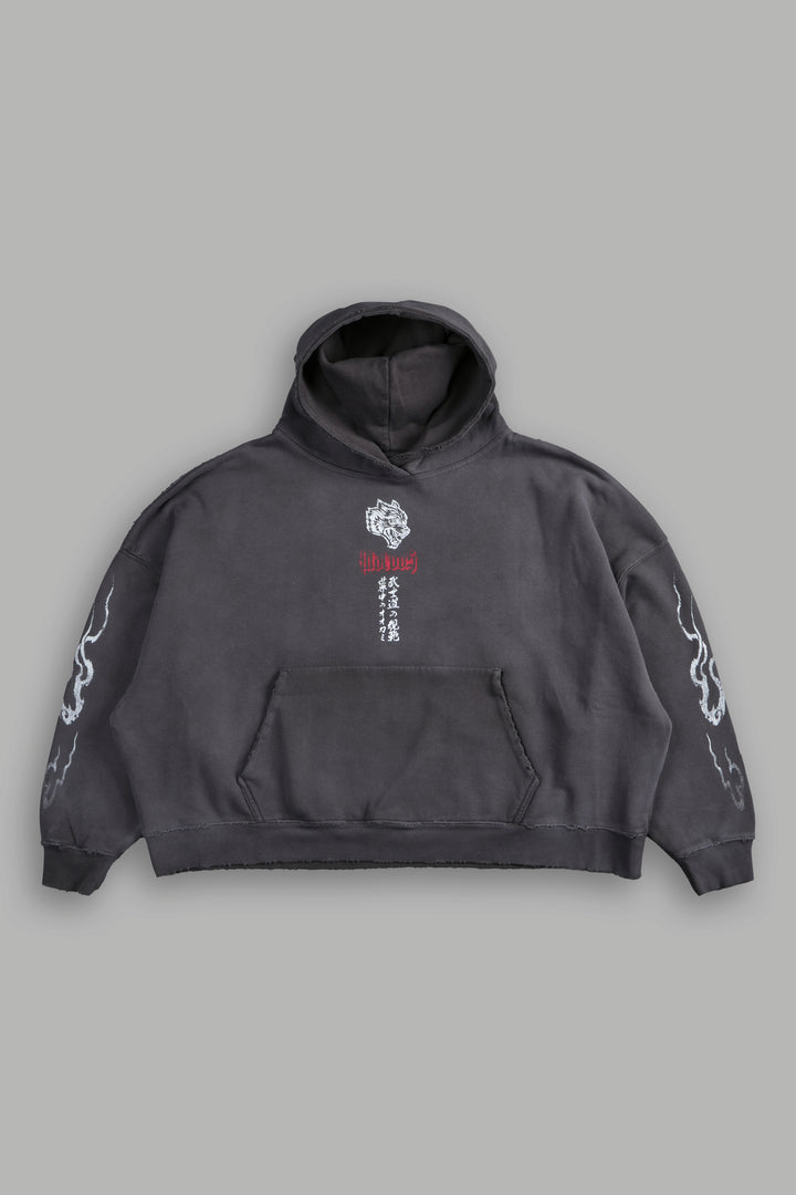 Darc Infernal Destroyed Grunge "Gage Box Cut" Hoodie in Wolf Gray Horizon Sun Fade