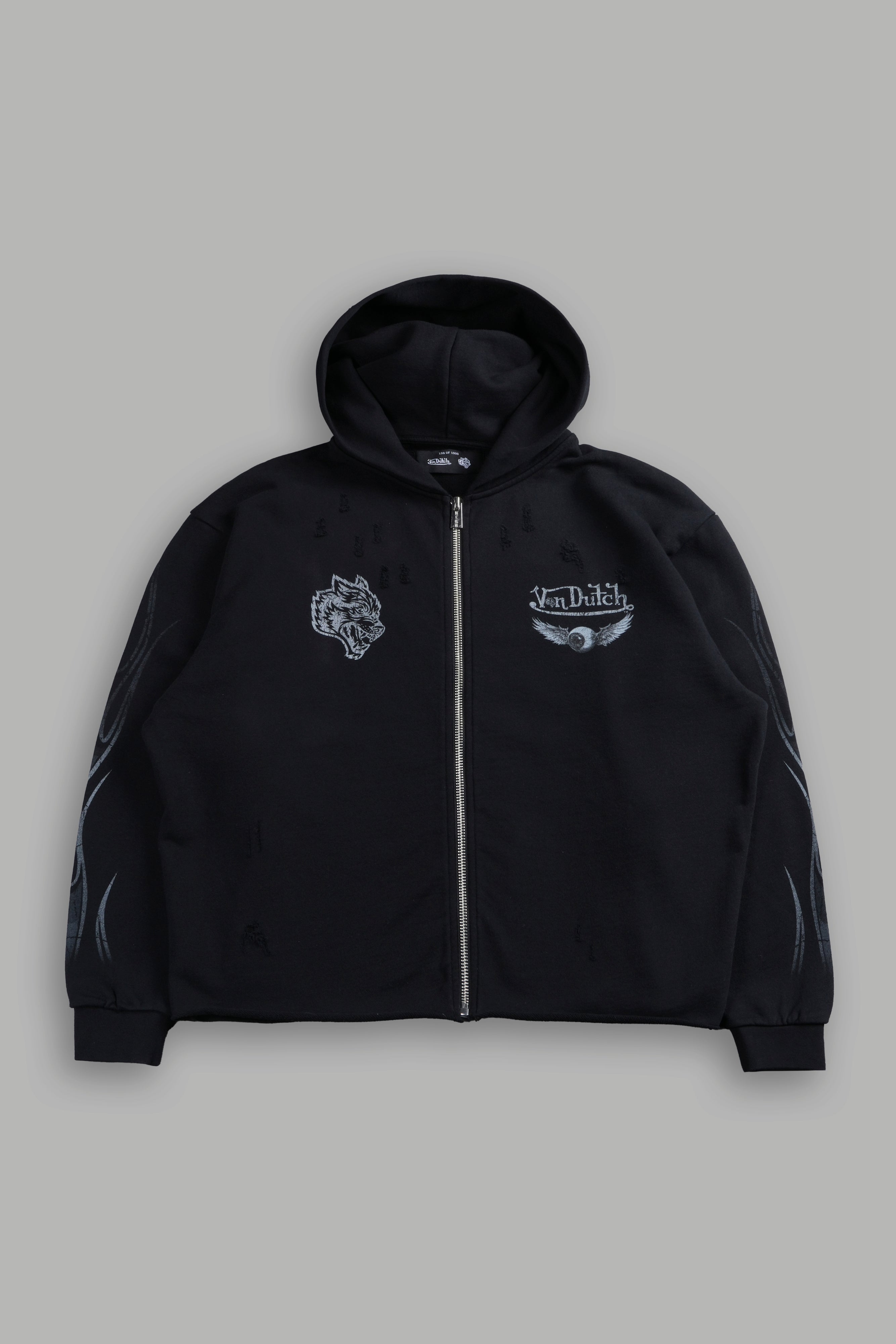 Take-Off Distressed Grunge Mid Length Raw Hem Zip Hoodie in Black