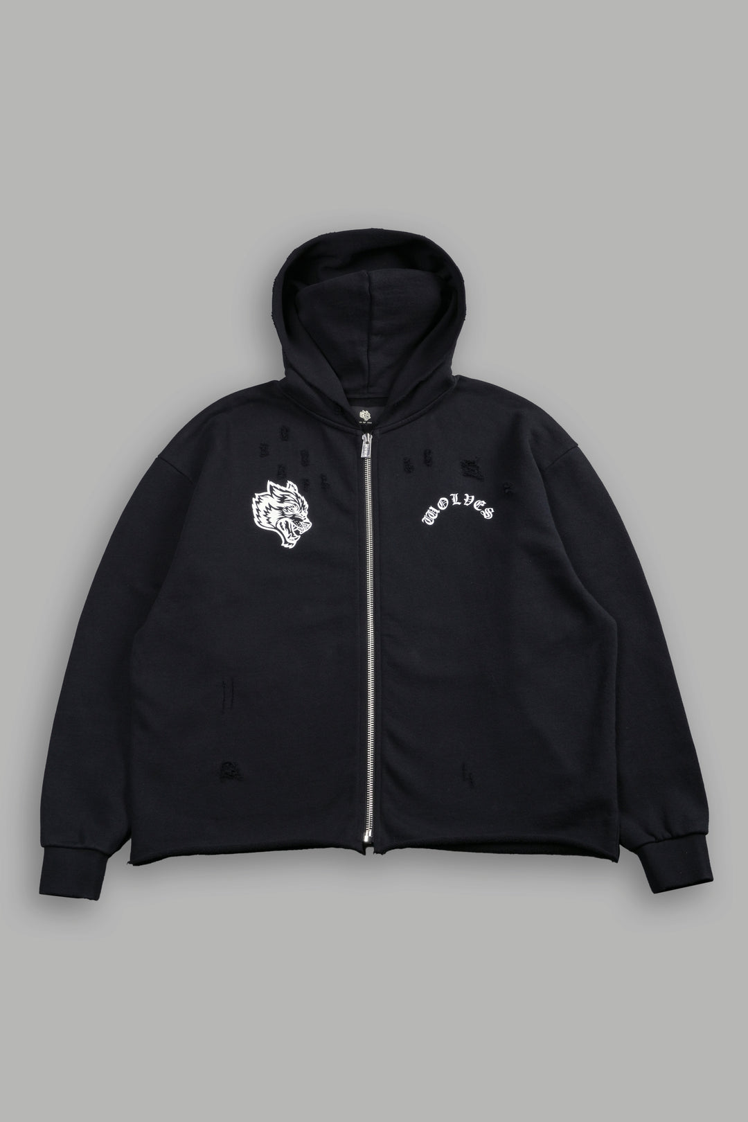 Los Cherub Distressed Grunge Mid Length Raw Hem Zip Hoodie in Black