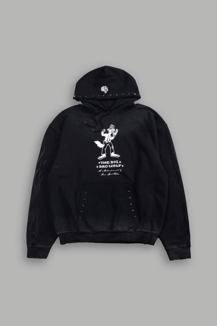 Big Bad Wolf Applique Grunge Moatis Hoodie in Black Drift Wash