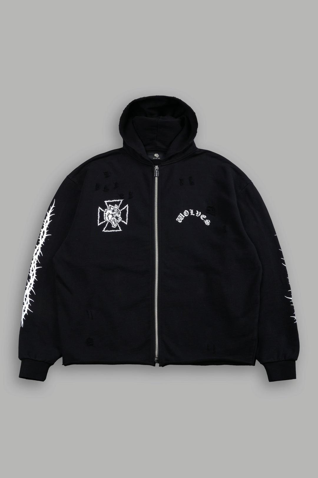 Ascend Distressed Grunge Mid Length Raw Hem Zip Hoodie in Black