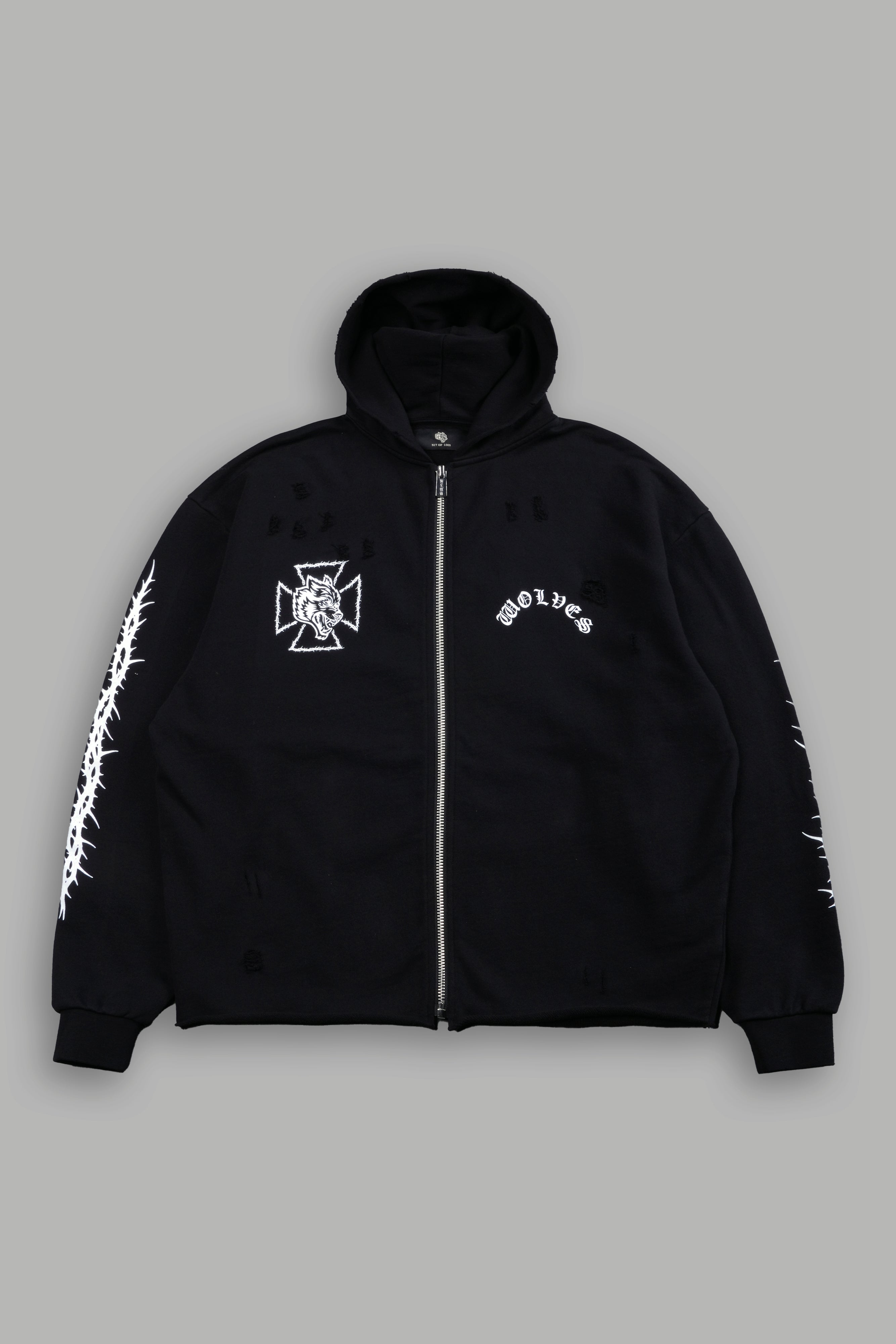 Ascend Distressed Grunge Mid Length Raw Hem Zip Hoodie in Black