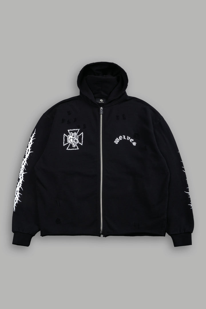 Ascend Distressed Grunge Mid Length Raw Hem Zip Hoodie in Black