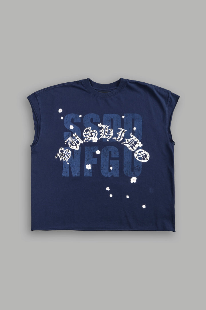 Ssddnfgu Bushido Grunge Cut-Off Mid Length Raw Hem Tee in Navy
