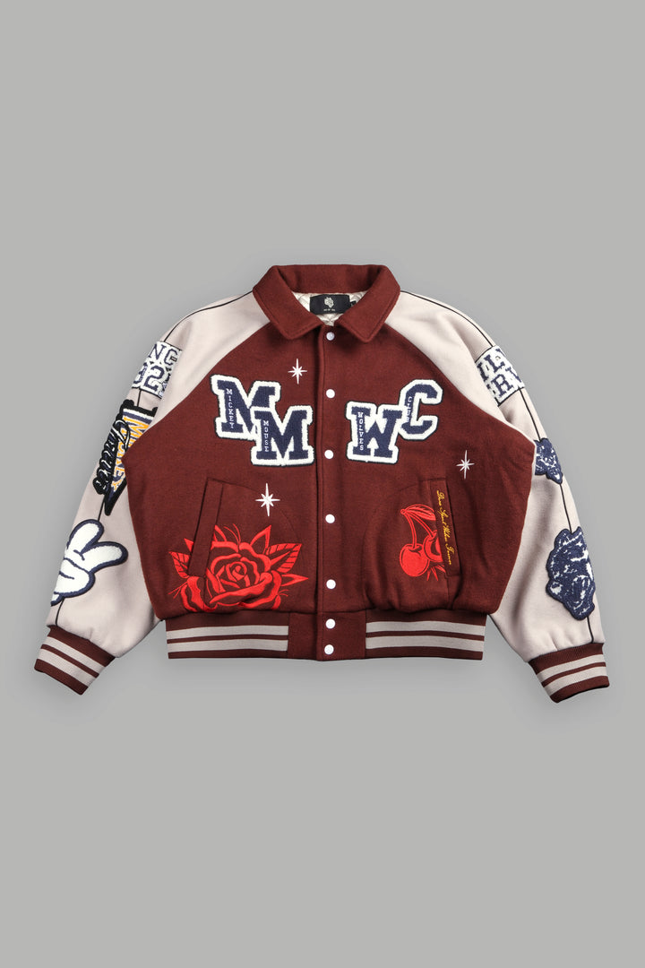 Mickey Mouse Wolves Club Roxy Box Cut Rudy Letterman Jacket in Oxblood/Clay
