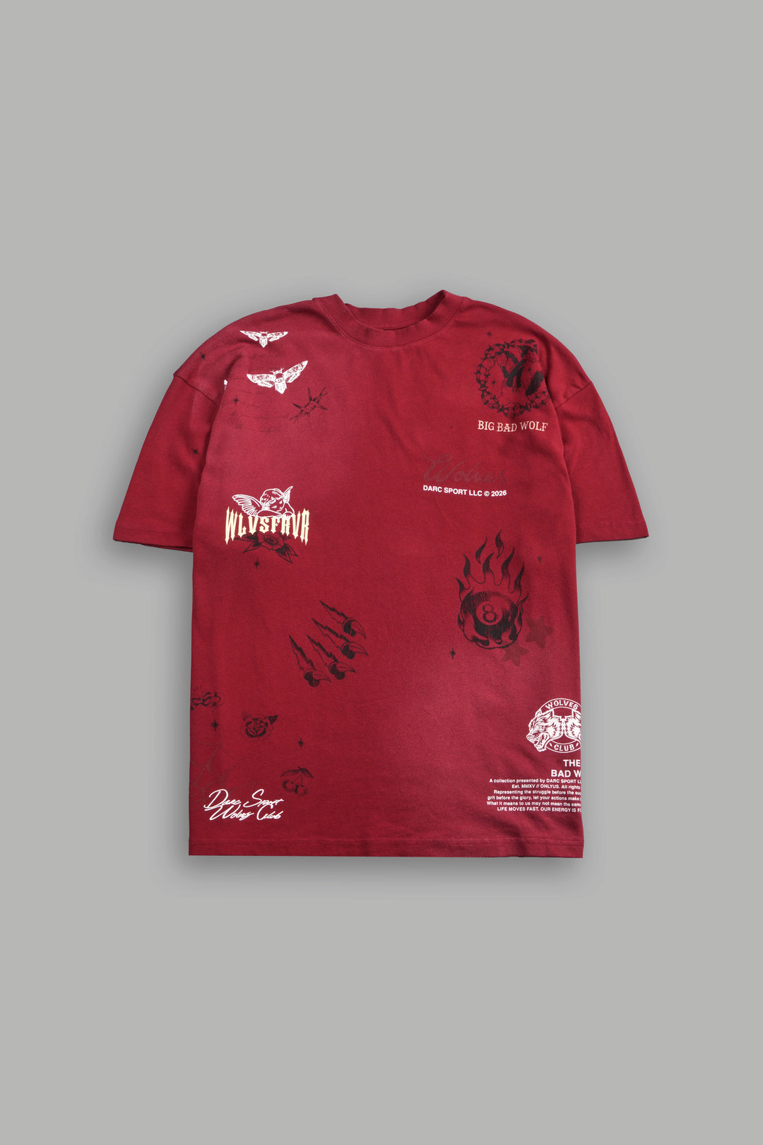 Big Bad Wolves Premium Oversized Tee in Carmine Red Sun Fade