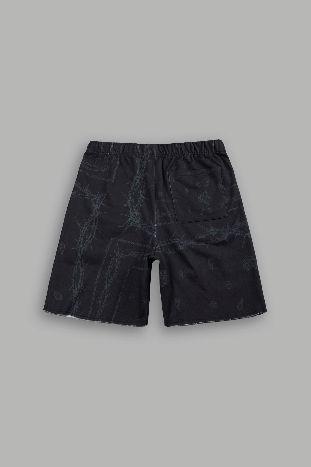 Wolves Pyramid Grunge Oversized Raw Hem Post Lounge Sweat Shorts in Black Thorn Paisley