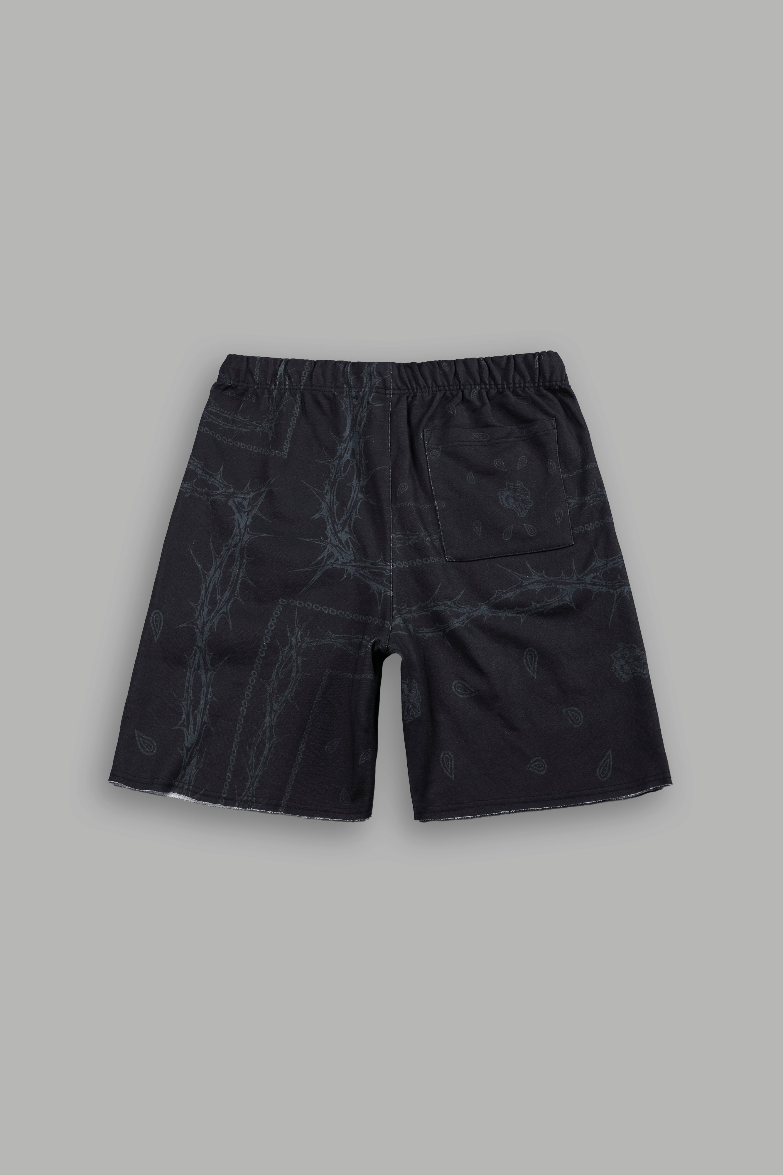 Wolves Pyramid Grunge Oversized Raw Hem Post Lounge Sweat Shorts in Black Thorn Paisley