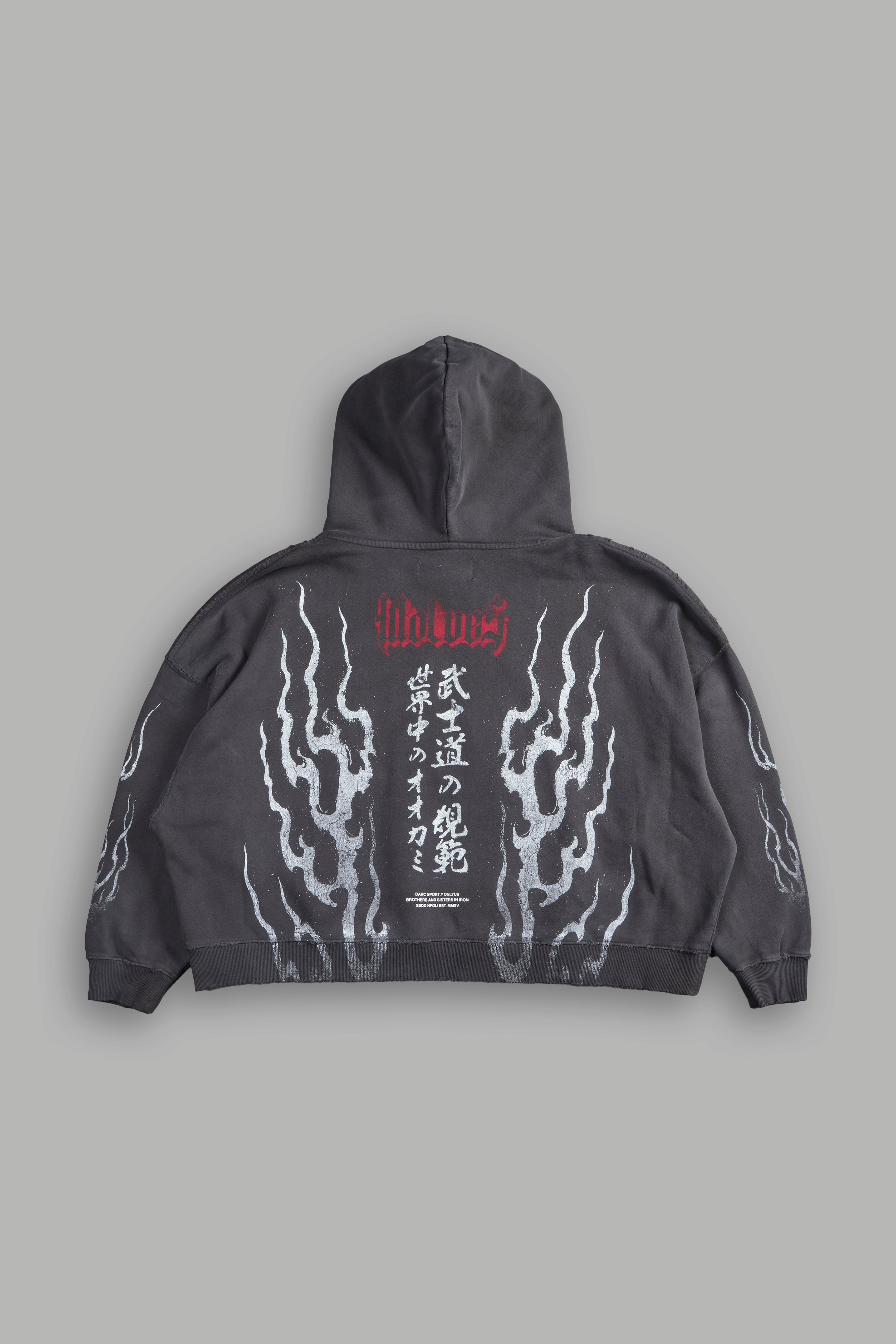 Darc Infernal Destroyed Grunge "Gage Box Cut" Hoodie in Wolf Gray Horizon Sun Fade
