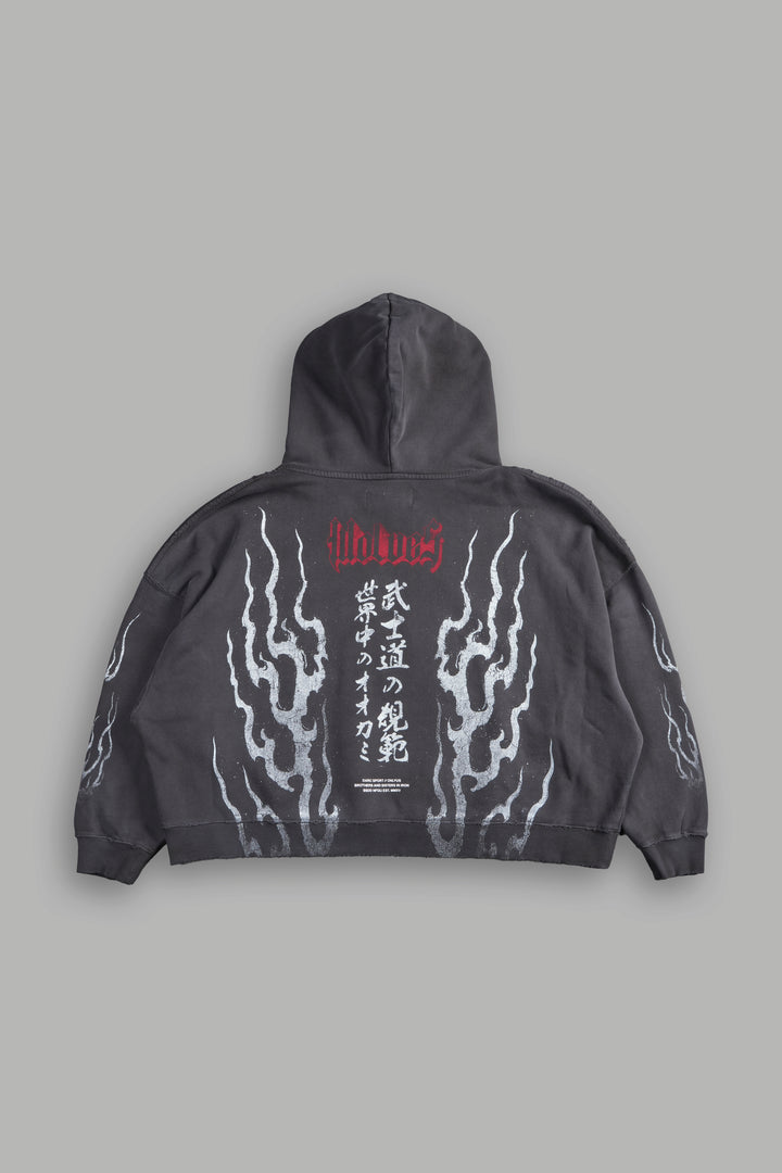Darc Infernal Destroyed Grunge "Gage Box Cut" Hoodie in Wolf Gray Horizon Sun Fade