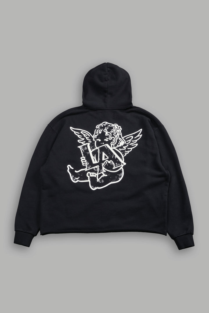 Los Cherub Distressed Grunge Mid Length Raw Hem Zip Hoodie in Black