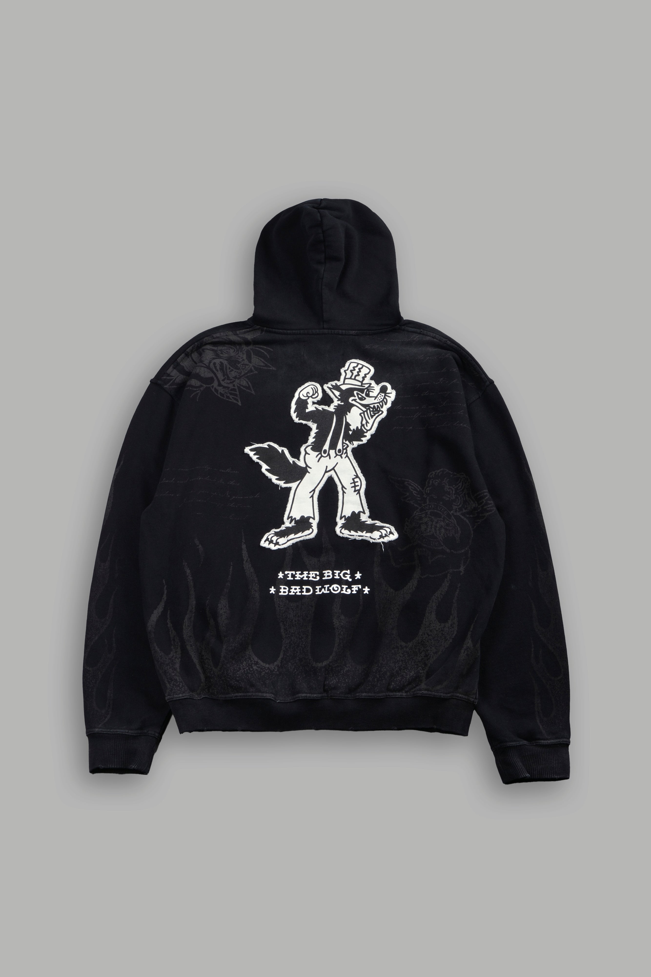 Big Bad Wolf Applique Grunge Moatis Hoodie in Black Drift Wash