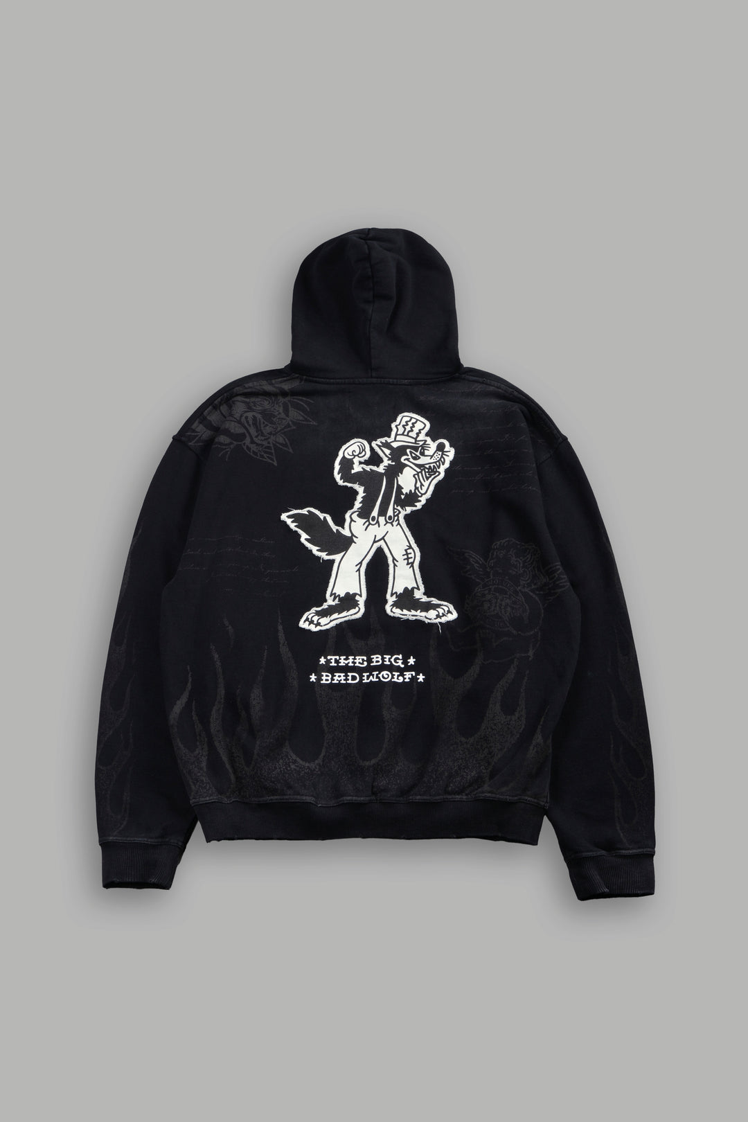 Big Bad Wolf Applique Grunge Moatis Hoodie in Black Drift Wash