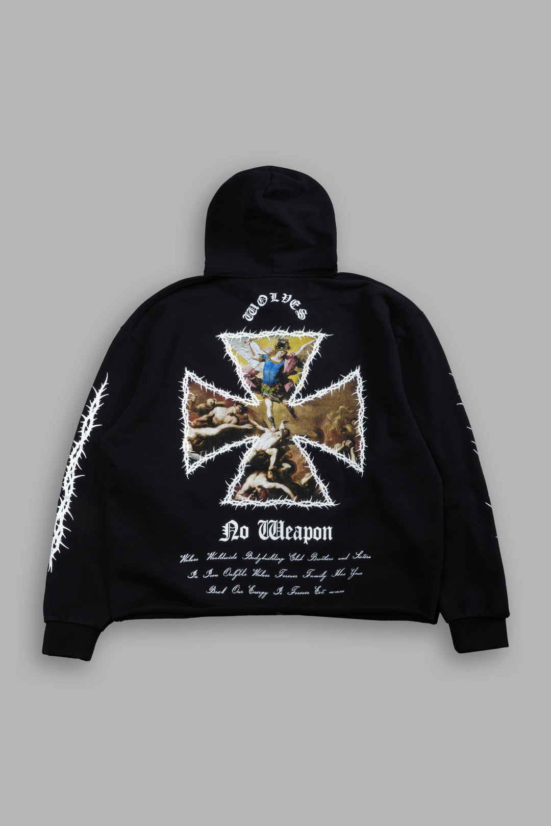 Ascend Distressed Grunge Mid Length Raw Hem Zip Hoodie in Black