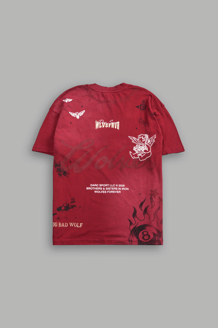Big Bad Wolves Premium Oversized Tee in Carmine Red Sun Fade